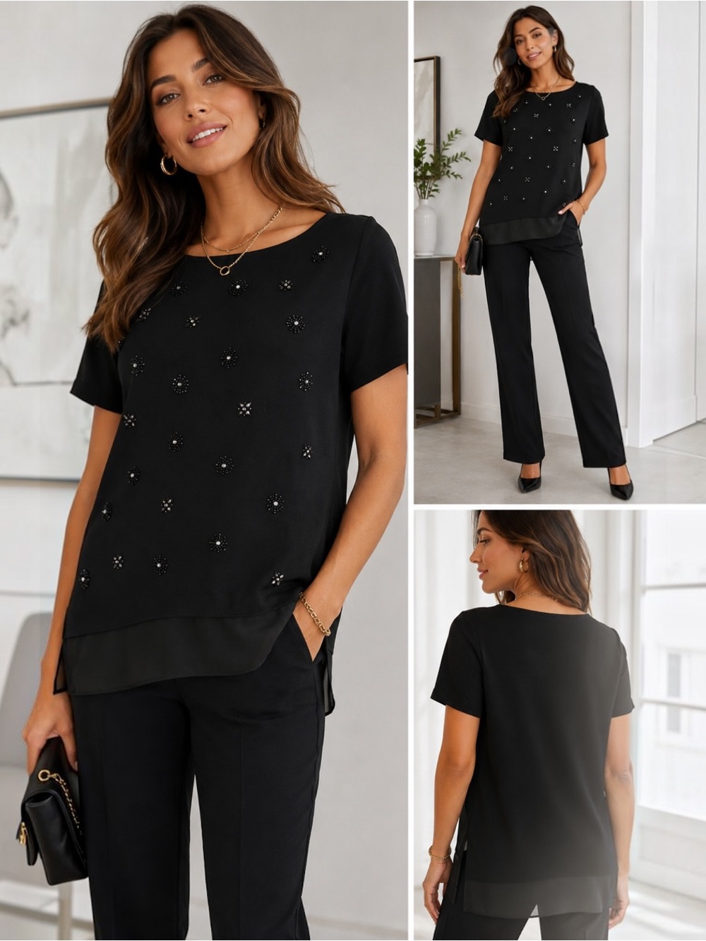 White House Black Market Black Embellished Layered-Hem Short Sleeve Top